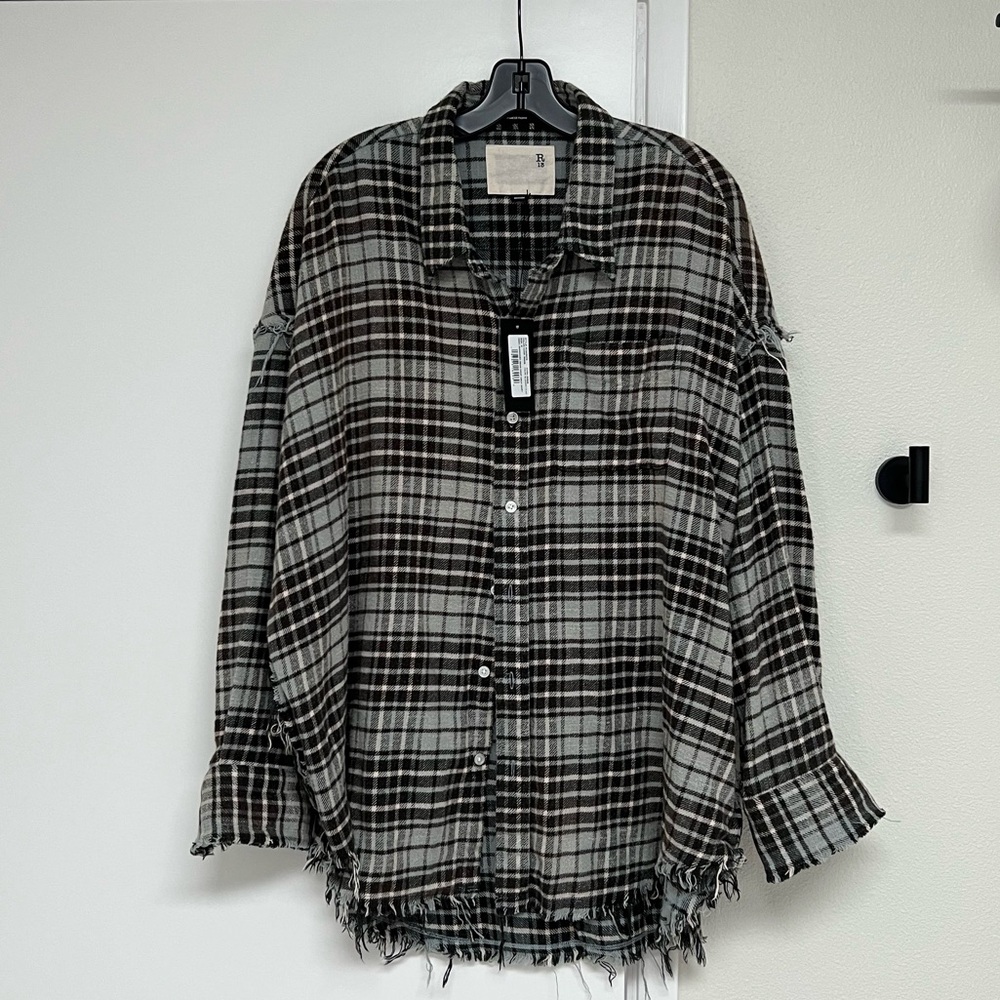 R13 Plaid Button-Up Shirt with Frayed Hem